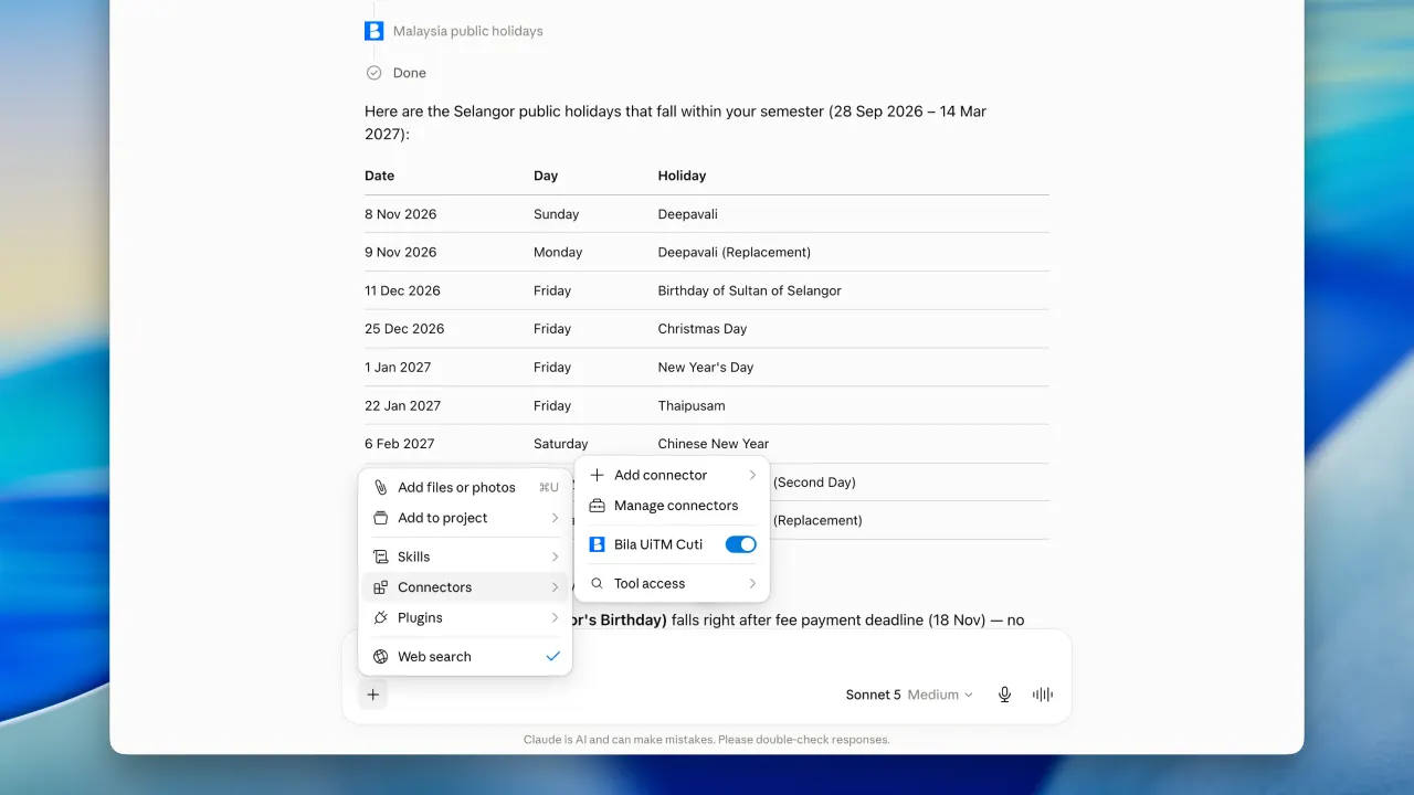 Enabling the Bila UiTM Cuti custom connector in a Claude conversation