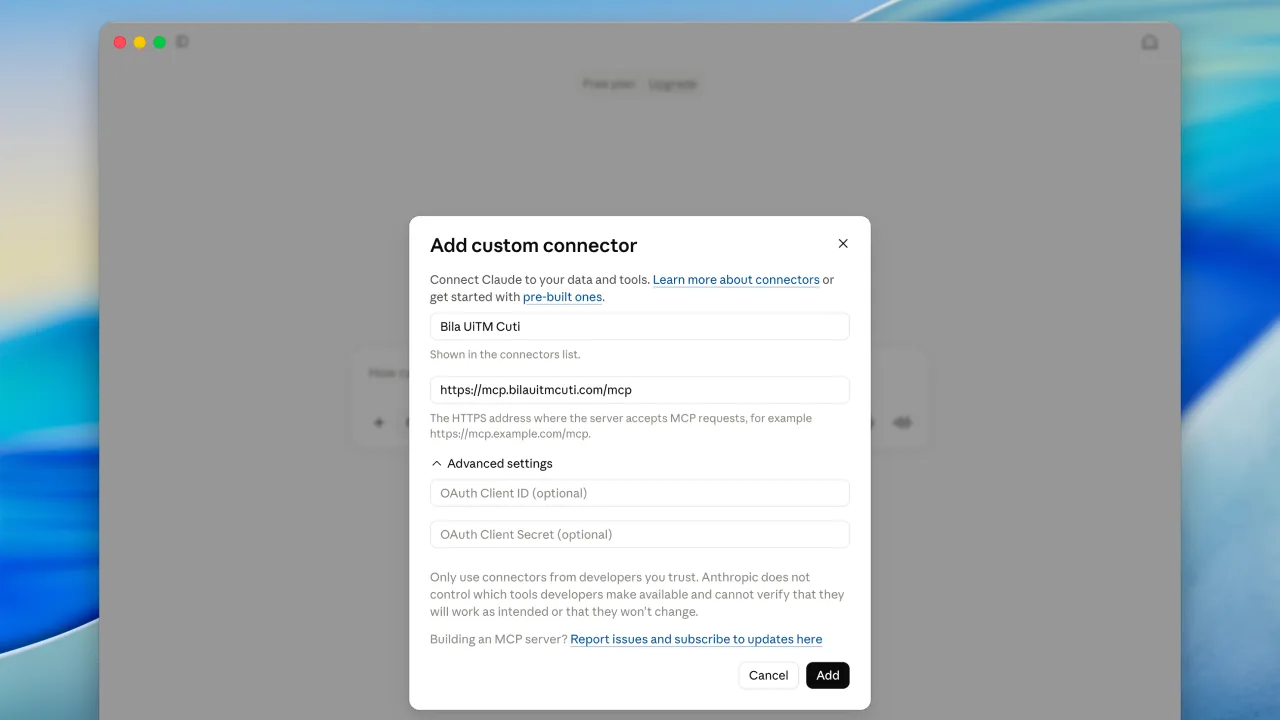 Adding the Bila UiTM Cuti custom connector in Claude